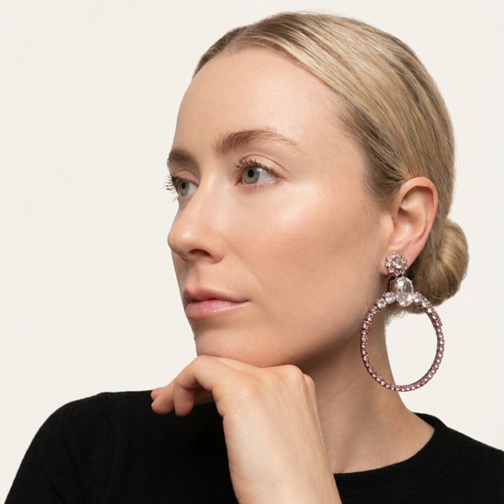 Miu Miu Silvertone Pink Crystal Embellished Hoop Earrings - Picture 1 of 5